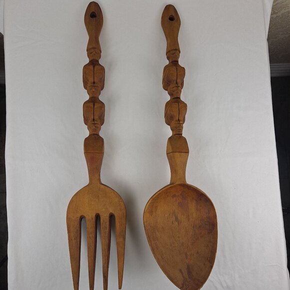 None Other - Large Wooden Hand Carved Fork and Spoon Mid-Century Modern Vintage Collectible